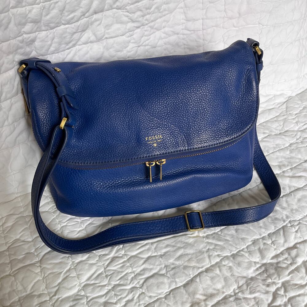 Fossil Preston Royal Blue Pebble Grain Leather Flap Crossbody Bag